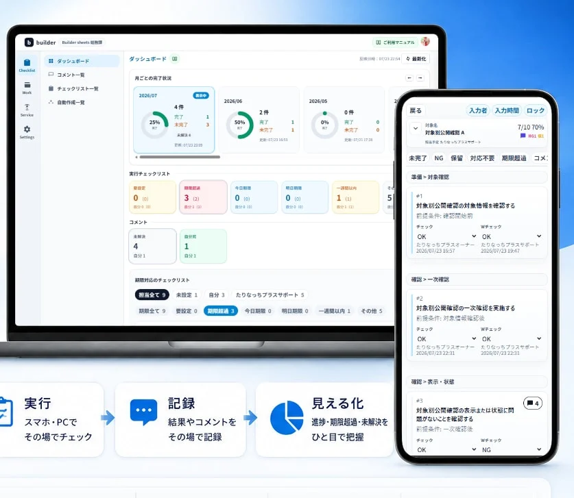 Builder sheetsのPCダッシュボードとスマートフォン実行画面